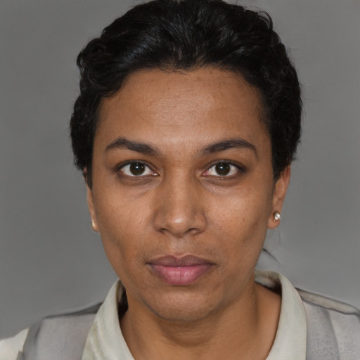 Neutral black young-adult female with short  black hair and brown eyes