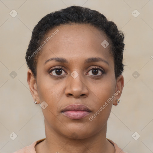 Neutral black young-adult female with short  brown hair and brown eyes