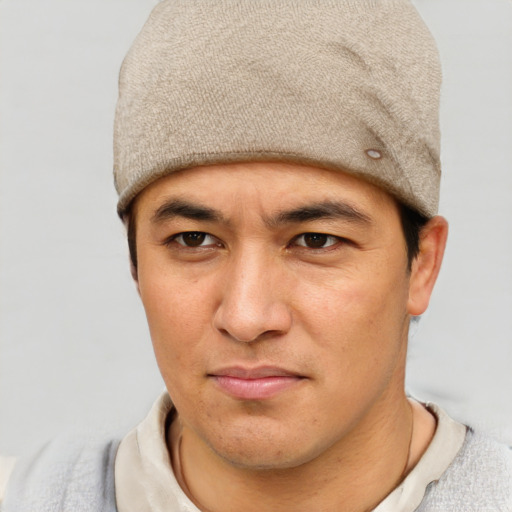 Joyful asian young-adult male with short  brown hair and blue eyes