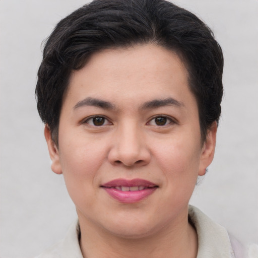Joyful asian young-adult female with short  brown hair and brown eyes