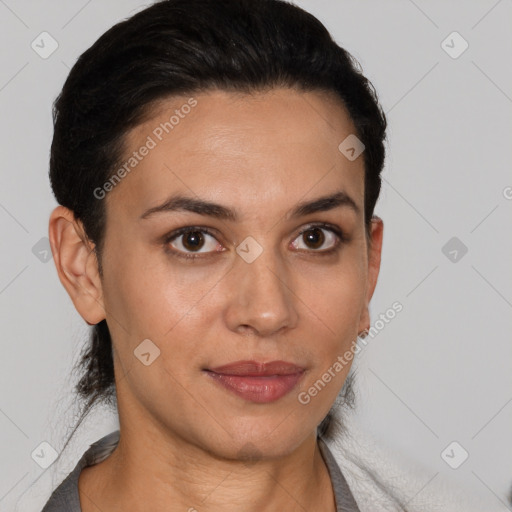 Joyful white young-adult female with short  black hair and brown eyes