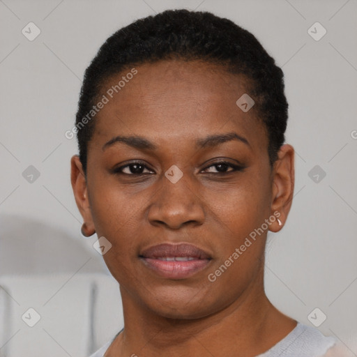 Neutral black young-adult female with short  black hair and brown eyes