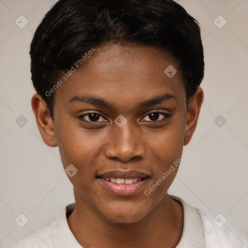 Joyful black young-adult female with short  brown hair and brown eyes