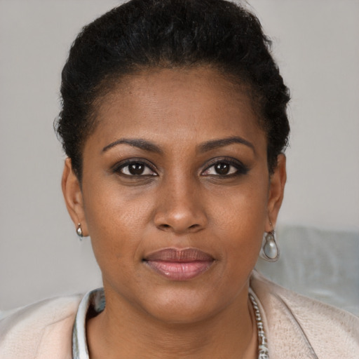 Joyful black young-adult female with short  brown hair and brown eyes