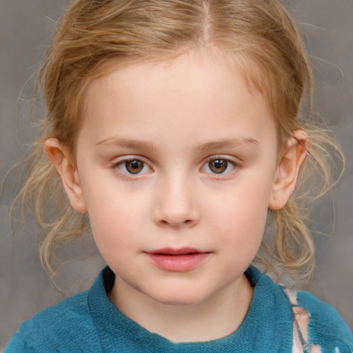 Neutral white child female with medium  brown hair and grey eyes