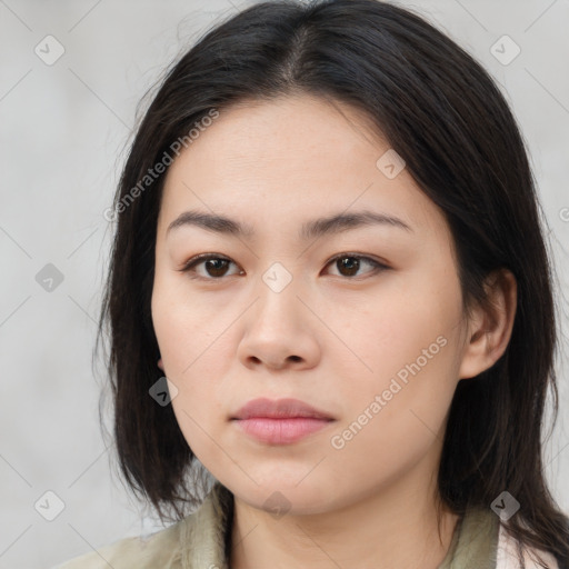 Neutral white young-adult female with long  brown hair and brown eyes