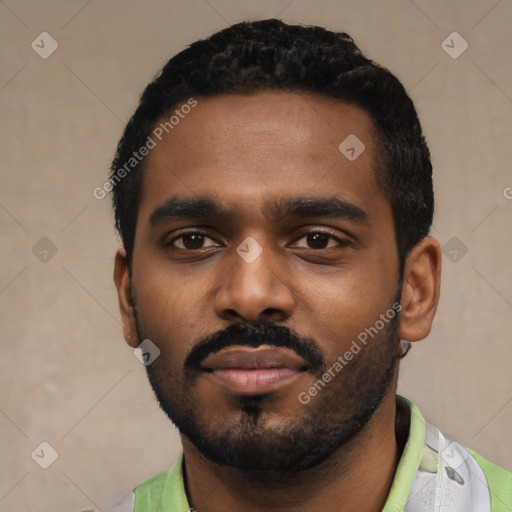 Neutral black young-adult male with short  black hair and brown eyes