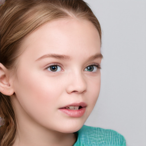 Neutral white child female with medium  brown hair and blue eyes