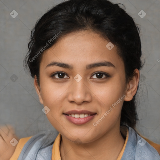 Joyful latino young-adult female with short  brown hair and brown eyes