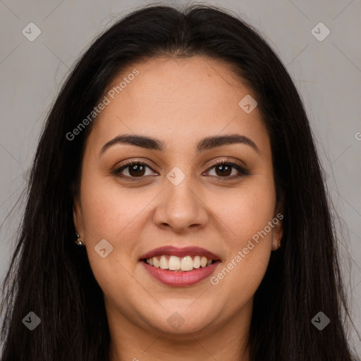 Joyful white young-adult female with long  brown hair and brown eyes