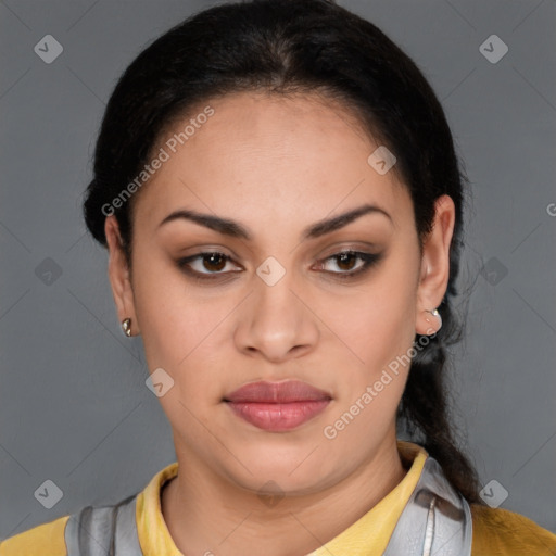 Joyful latino young-adult female with short  brown hair and brown eyes