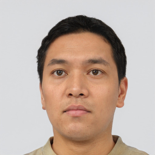 Neutral asian young-adult male with short  black hair and brown eyes