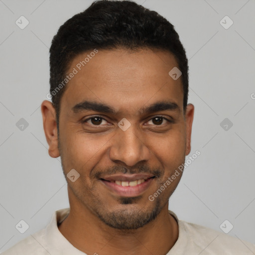 Joyful latino young-adult male with short  black hair and brown eyes
