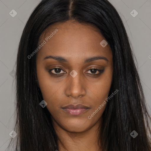 Neutral asian young-adult female with long  brown hair and brown eyes