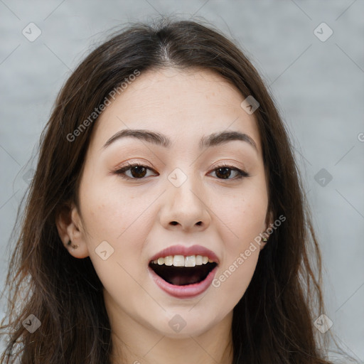 Joyful white young-adult female with long  brown hair and brown eyes