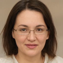 Joyful white adult female with medium  brown hair and grey eyes