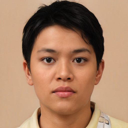 Neutral asian young-adult female with short  black hair and brown eyes