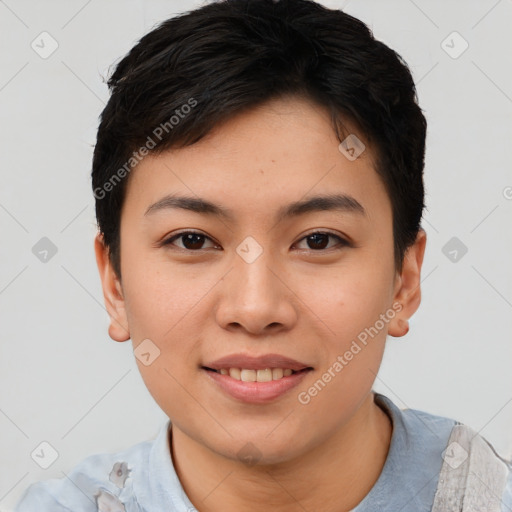 Joyful asian young-adult female with short  brown hair and brown eyes