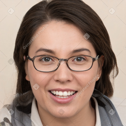 Joyful white young-adult female with medium  brown hair and blue eyes