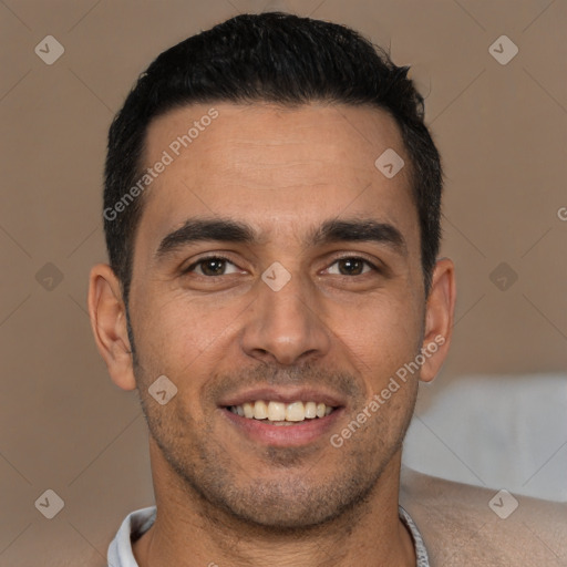 Joyful white young-adult male with short  brown hair and brown eyes