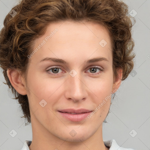 Joyful white young-adult female with medium  brown hair and green eyes