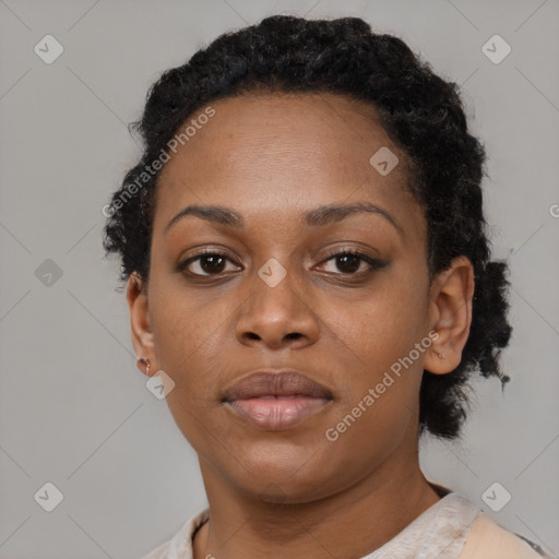 Neutral black young-adult female with short  black hair and brown eyes