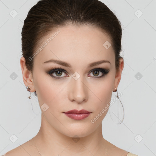 Neutral white young-adult female with medium  brown hair and brown eyes