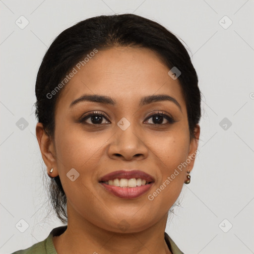 Joyful latino young-adult female with short  brown hair and brown eyes