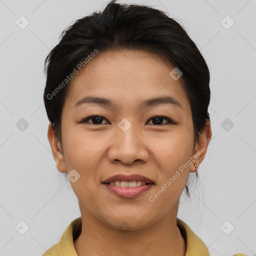 Joyful asian young-adult female with short  brown hair and brown eyes