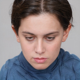 Neutral white young-adult female with short  brown hair and brown eyes