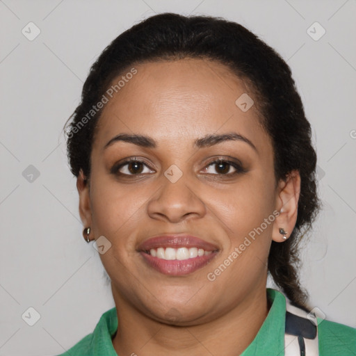 Joyful latino young-adult female with medium  black hair and brown eyes