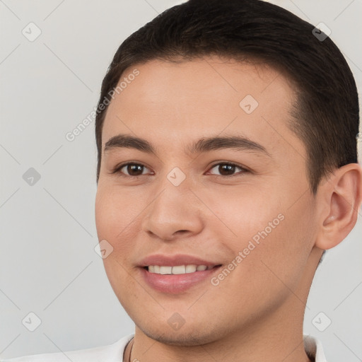 Joyful white young-adult male with short  brown hair and brown eyes