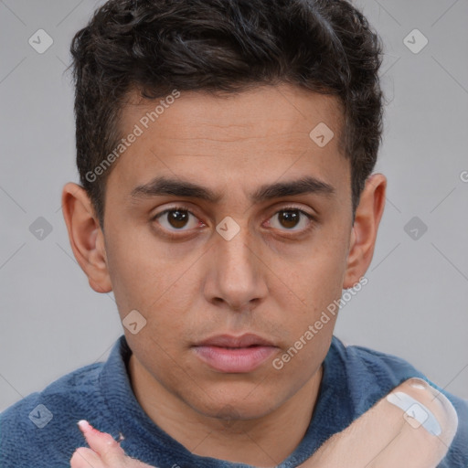 Neutral white young-adult male with short  brown hair and brown eyes