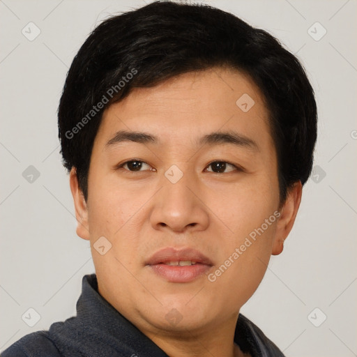 Neutral asian young-adult male with short  black hair and brown eyes