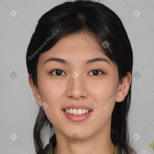 Joyful asian young-adult female with medium  black hair and brown eyes