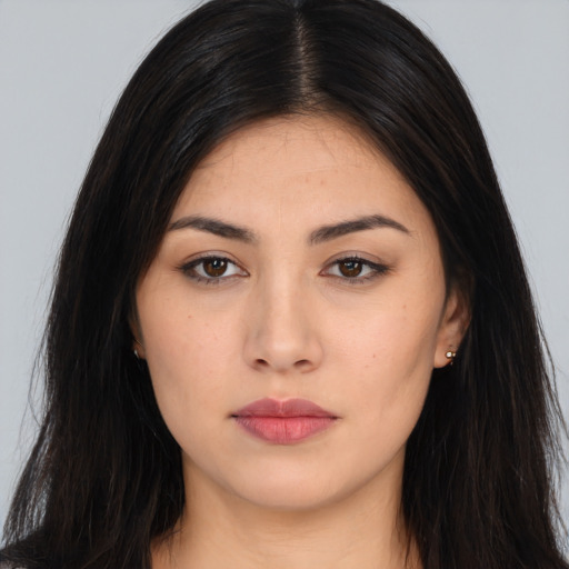 Neutral asian young-adult female with long  brown hair and brown eyes
