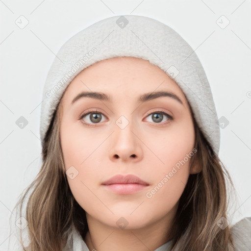 Neutral white young-adult female with long  brown hair and brown eyes