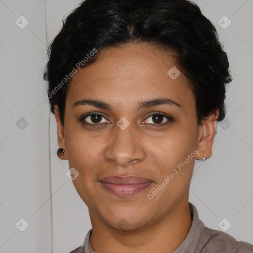 Joyful latino young-adult female with short  brown hair and brown eyes