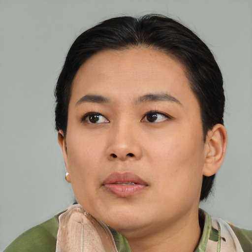 Neutral asian young-adult female with medium  black hair and brown eyes