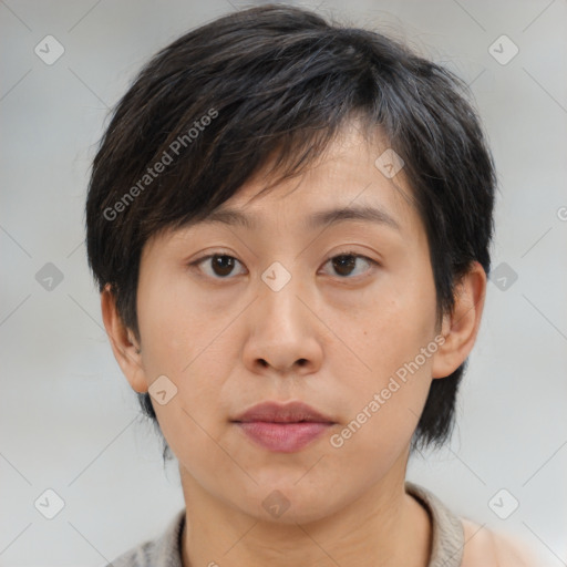 Neutral asian young-adult female with medium  brown hair and brown eyes