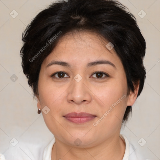 Joyful white adult female with medium  brown hair and brown eyes