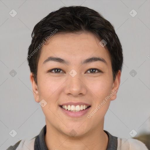 Joyful asian young-adult female with short  brown hair and brown eyes