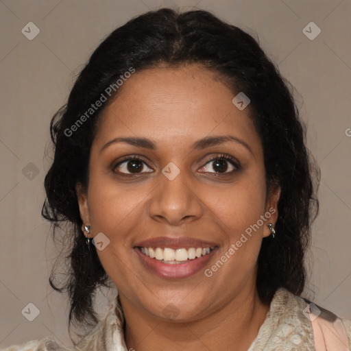 Joyful black young-adult female with medium  brown hair and brown eyes