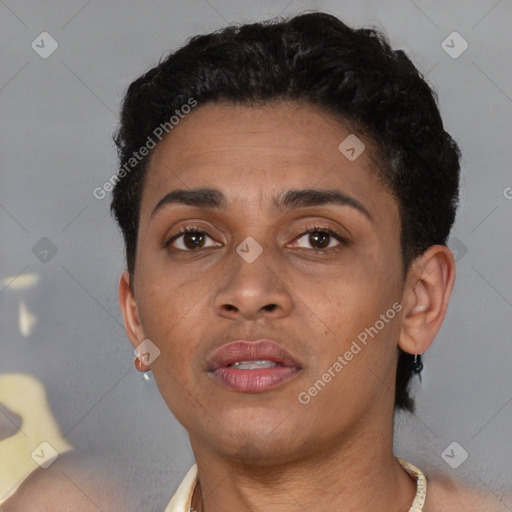 Neutral black young-adult female with short  brown hair and brown eyes