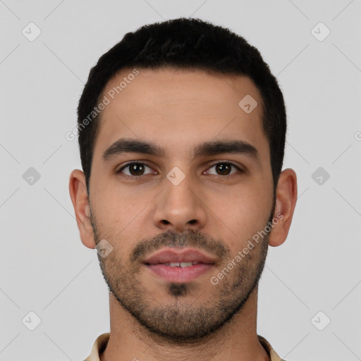 Neutral latino young-adult male with short  black hair and brown eyes