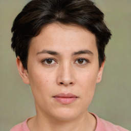 Neutral white young-adult female with short  brown hair and brown eyes