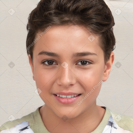 Joyful white child female with short  brown hair and brown eyes