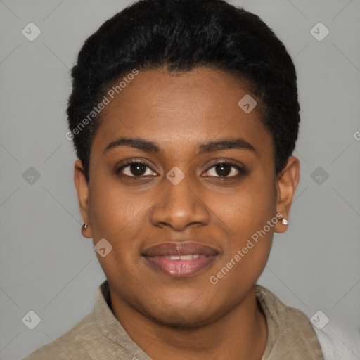 Joyful black young-adult female with short  black hair and brown eyes