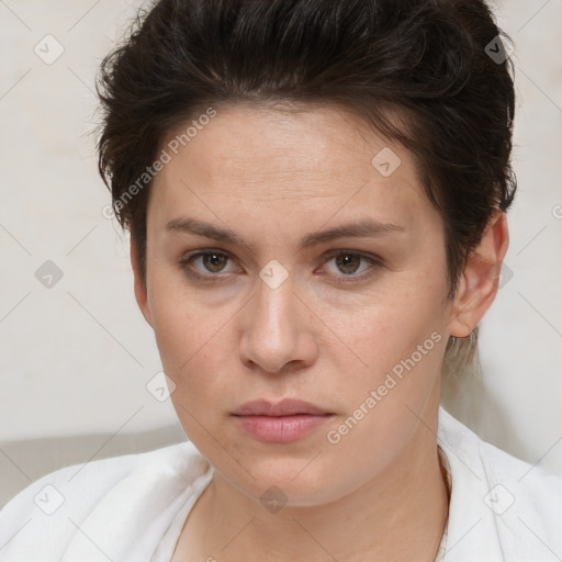 Neutral white young-adult female with short  brown hair and brown eyes