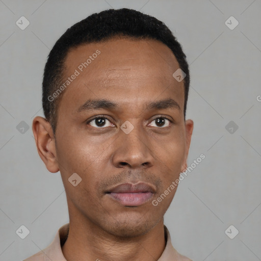 Neutral black young-adult male with short  black hair and brown eyes